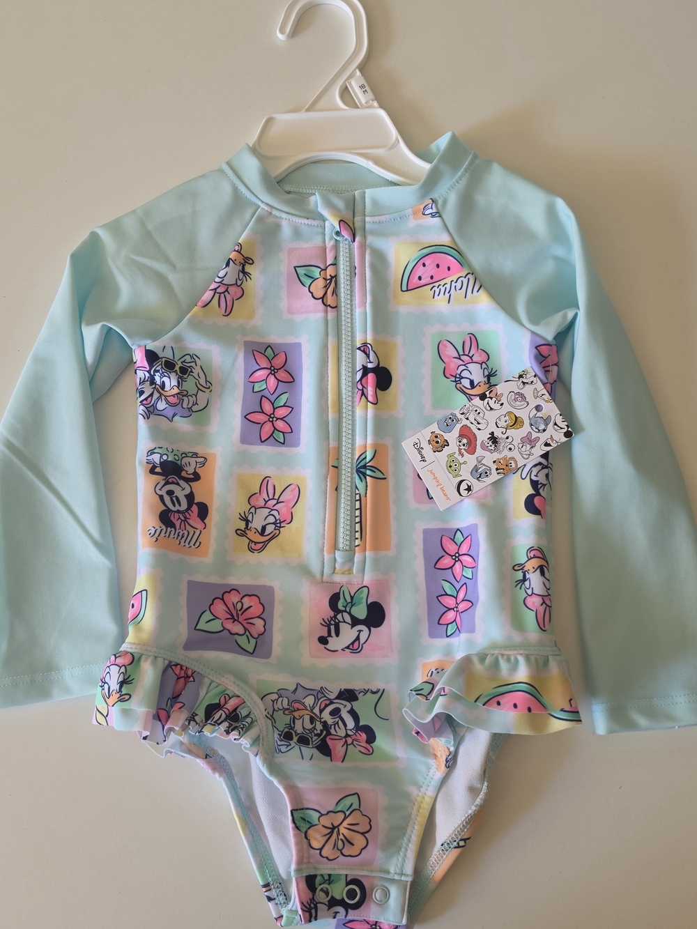 Disney Girls' Light Aqua & Pastel Minnie Friends Long-Sleeve Rashguard, 18m